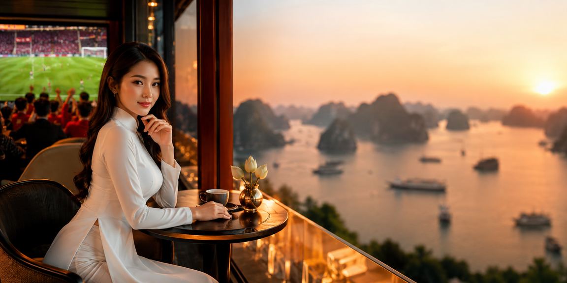 Người phụ nữ mặc áo dài thưởng thức cá cược trực tuyến với khung cảnh Vịnh Hạ Long